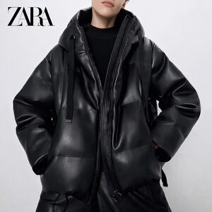 NEW Zara Faux Leather Hooded Black Puffer Jacket - Size Small